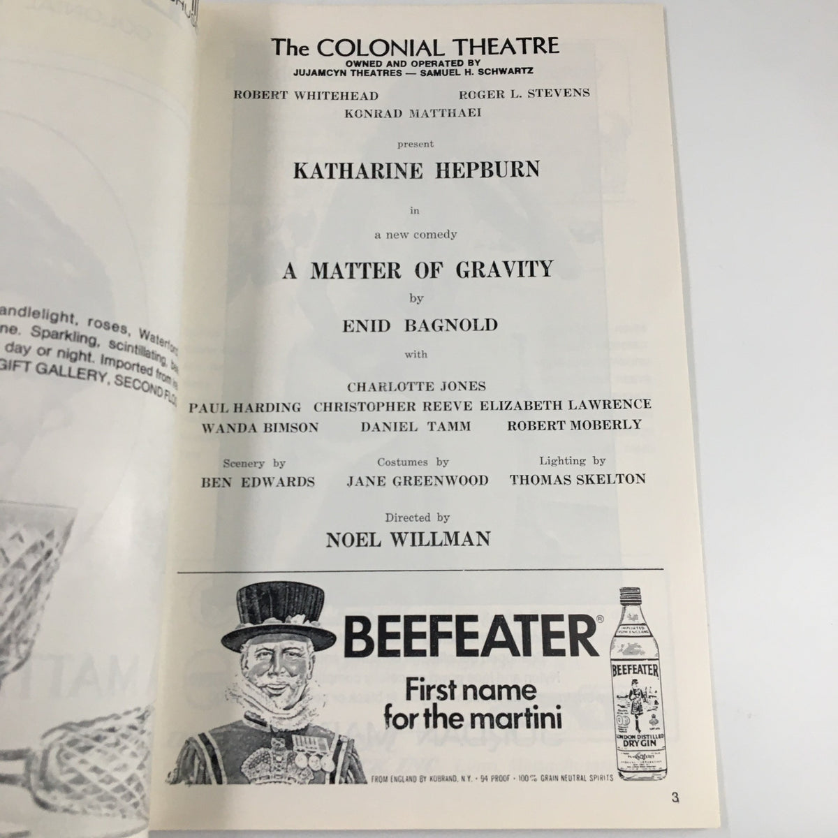 Inside page of the 1975 Playbill The Colonial Theatre for A Matter of Gravity, detailing the cast and production credits including Katharine Hepburn.