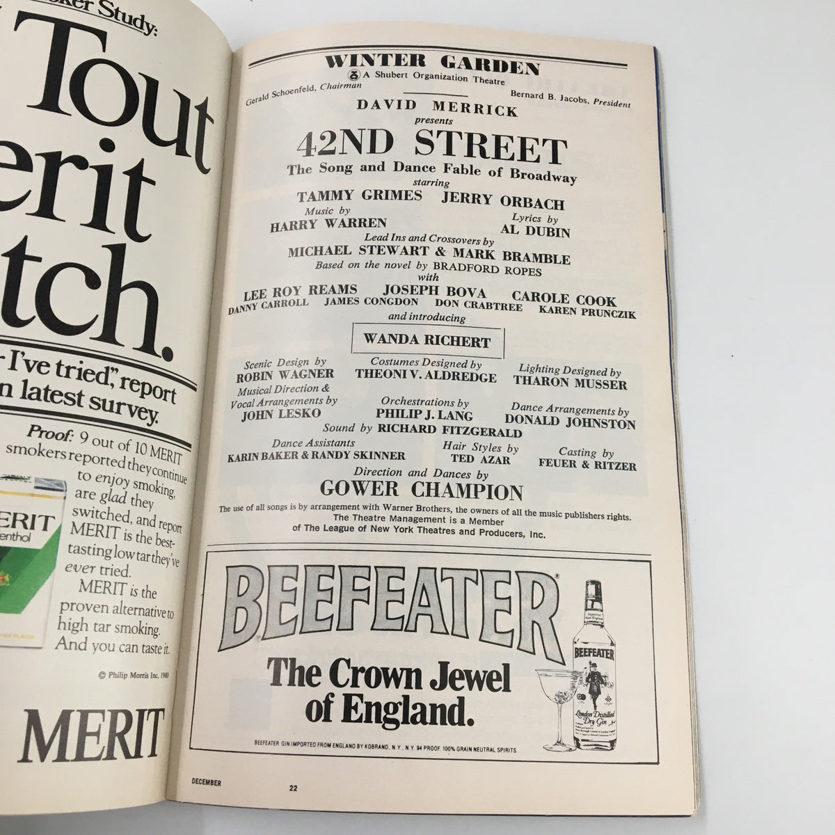 Highlighted cast and crew section from the 1980 Playbill for '42nd Street', detailing the production roles and contributors at the Winter Garden Theatre.