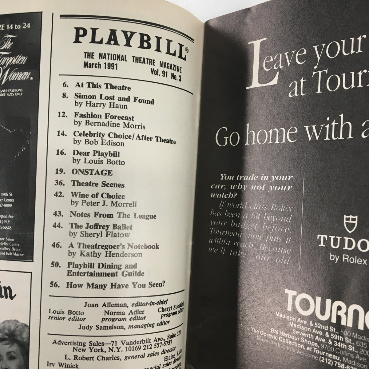 Inside view of the 1991 Playbill from 'Lost in Yonkers,' showing the magazine contents and details from the National Theatre Magazine.