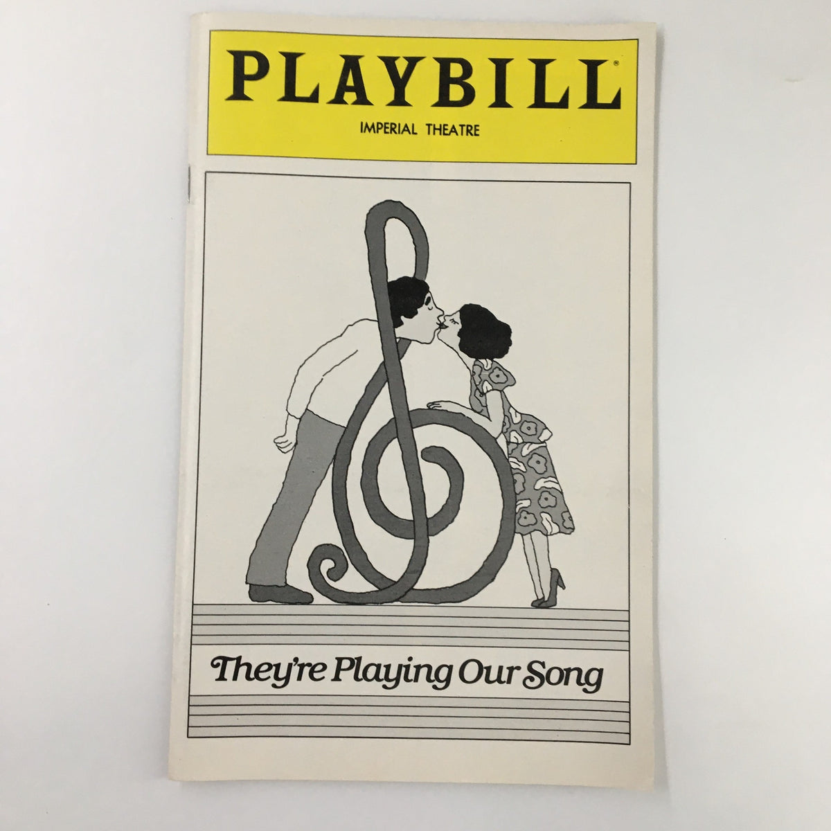 1980 Playbill from Imperial Theatre featuring Rhonda Farer in They're Playing Our Song, showcasing a whimsical illustration of a couple with a musical note background.