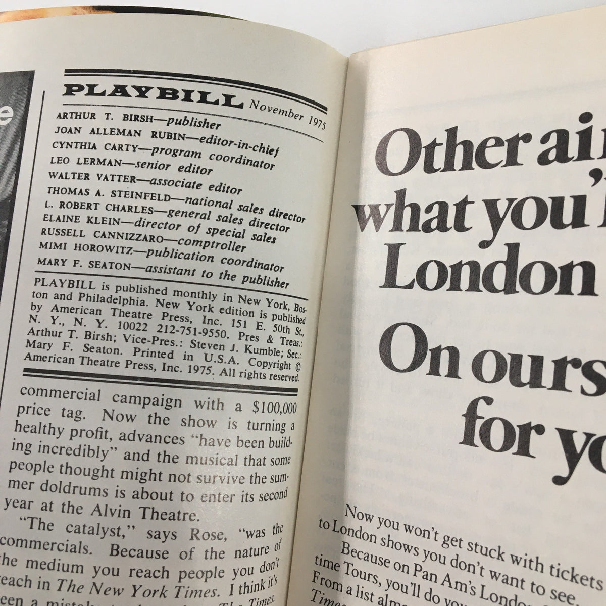 Inside view of the 1975 Playbill from The Palace Theatre, featuring publication details and editorial credits for Scott Joplin's Treemonisha.