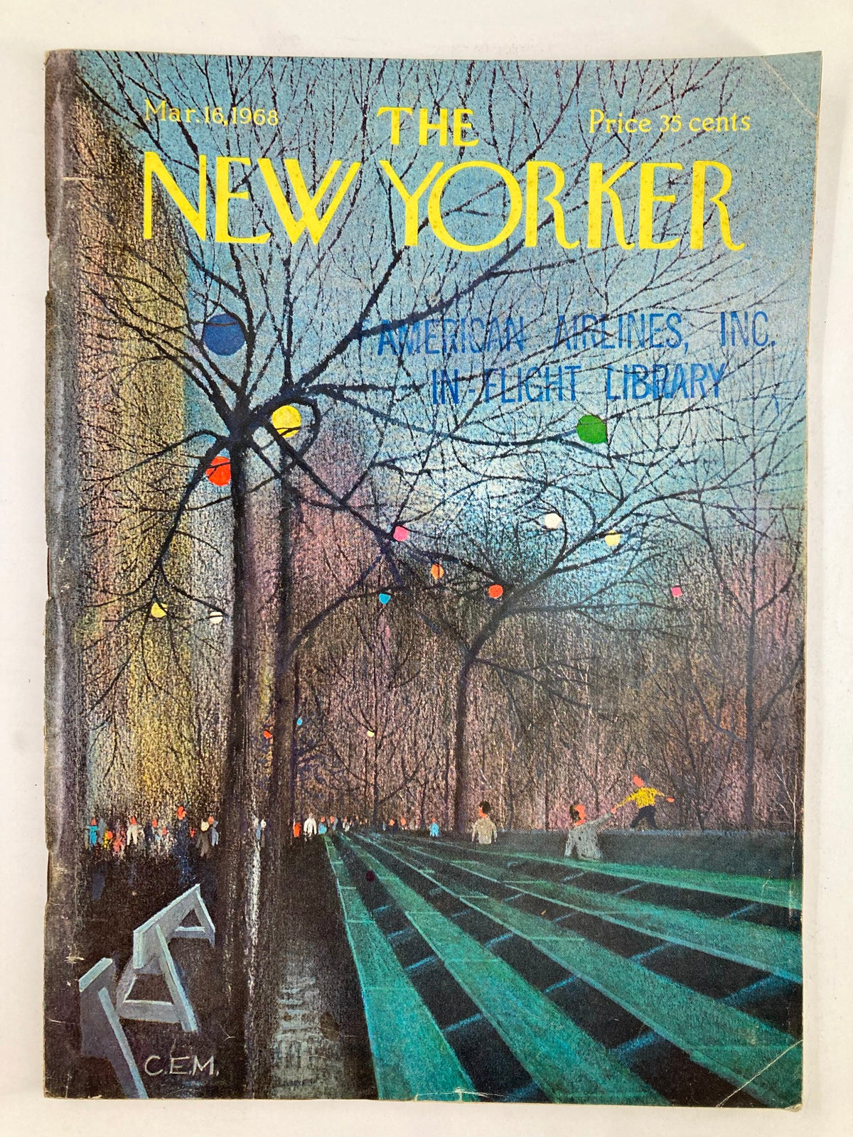 Cover of The New Yorker Full Magazine March 16 1968 featuring 'Bench Party' by C. E. Martin, showcasing vibrant trees with colorful ornaments, capturing the essence of late 1960s culture.
