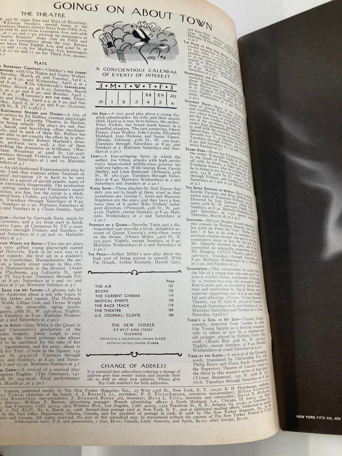 Interior page of The New Yorker magazine, March 30, 1968, displaying the events calendar and listings for theater performances.