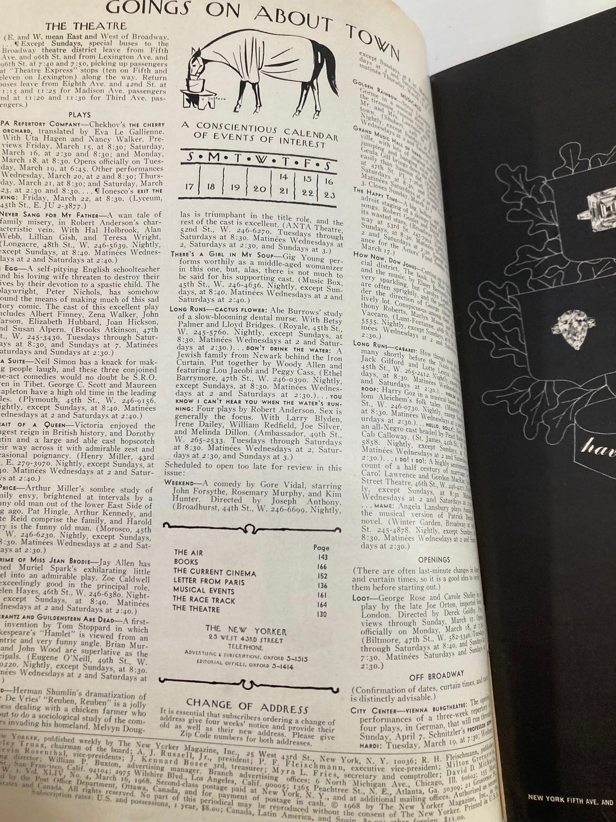 Interior page of The New Yorker Full Magazine March 16 1968 showing content listing and events happening in New York.