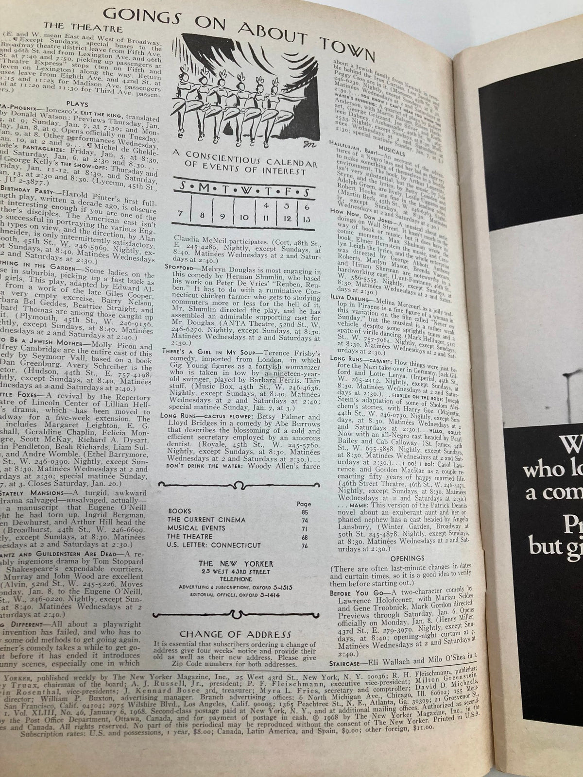 Interior page of The New Yorker Full Magazine January 6 1968 showcasing the 'Goings On About Town' section with listings of events and plays.