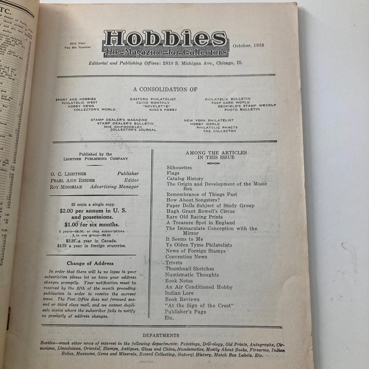 Inside page of VTG Hobbies Magazine October 1938 displaying the editorial details and articles included, such as trivets and hobbies for collectors.
