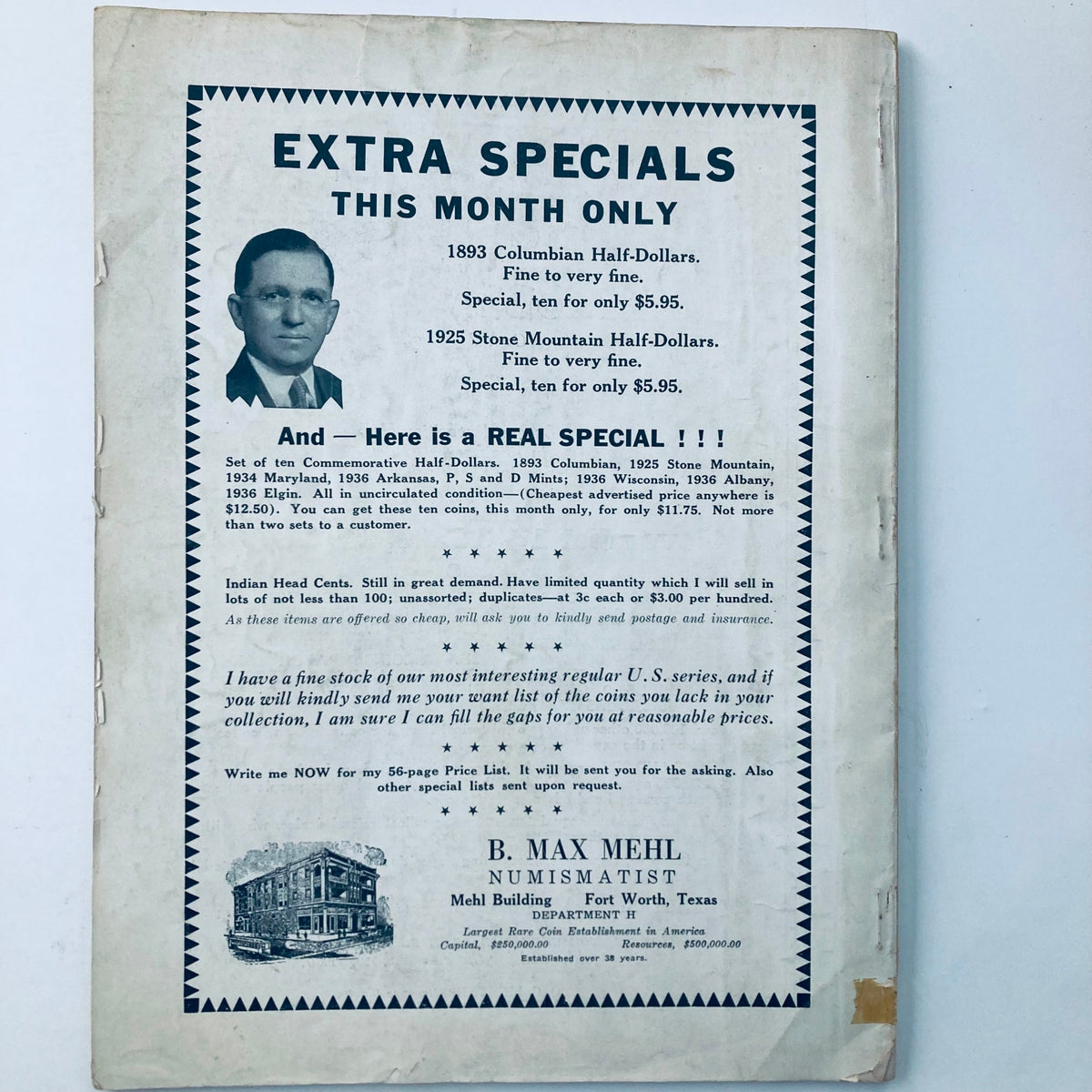 Back page of VTG Hobbies Magazine October 1938 highlighting special offers on collectible coins and numismatic items, emphasizing the magazine's focus on collectibles.