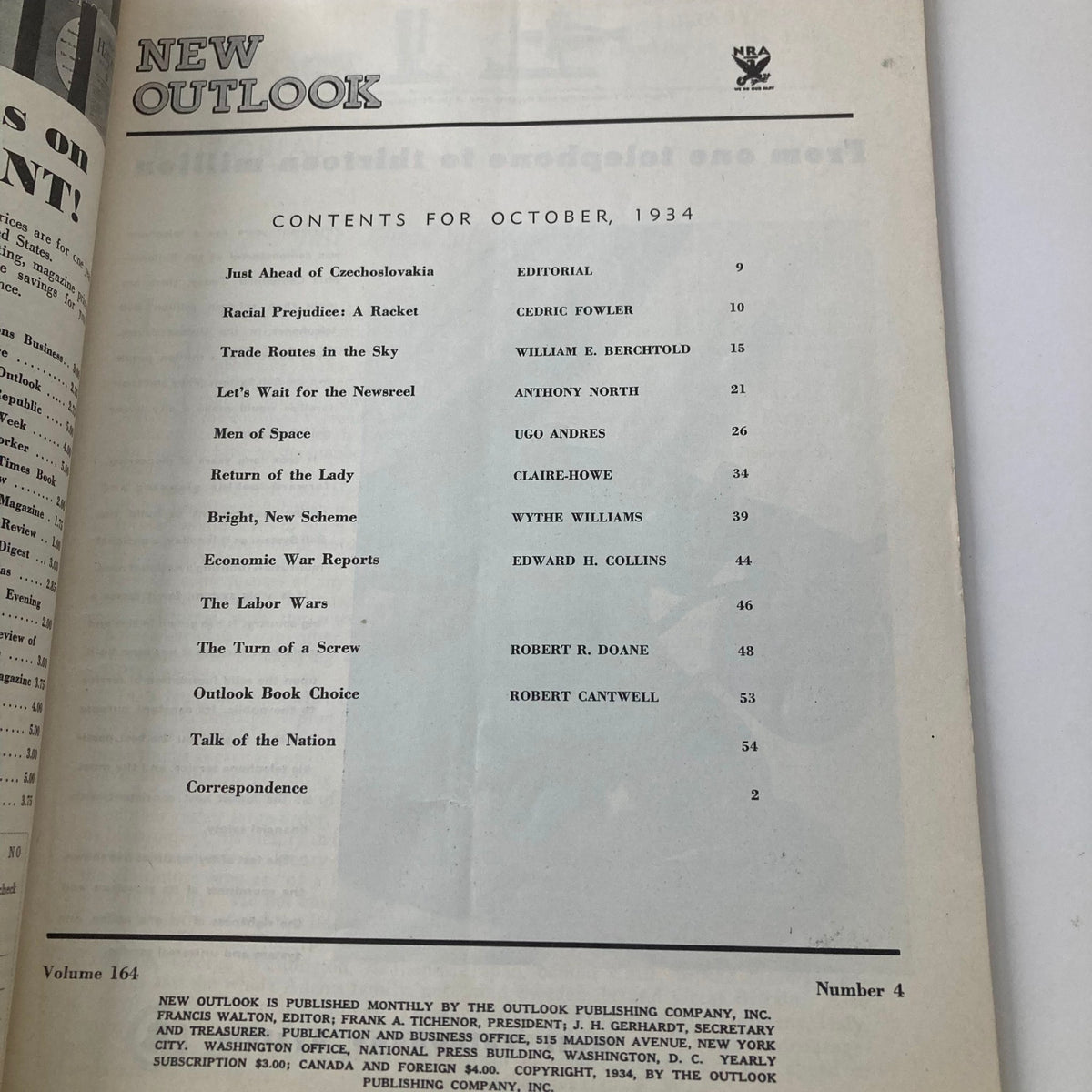 Table of contents for VTG New Outlook Magazine October 1934 listing articles including 'Racial Prejudice: A Racket' and 'Men of Space'.