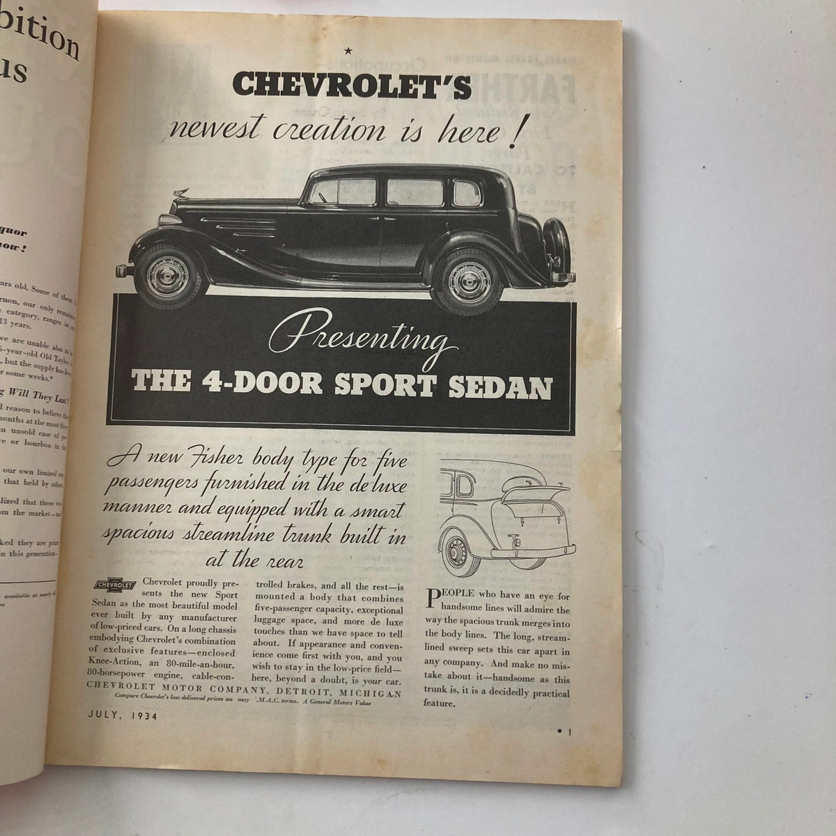 Inside page of VTG New Outlook Magazine July 1934 showcasing a Chevrolet advertisement for the 4-Door Sport Sedan, highlighting the car's features and design.