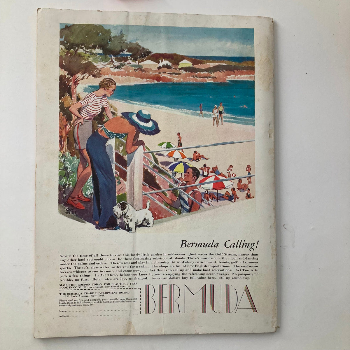 Back page of VTG New Outlook Magazine July 1934 featuring a colorful advertisement for Bermuda, illustrating beach scenes and vacation appeal from the 1930s.