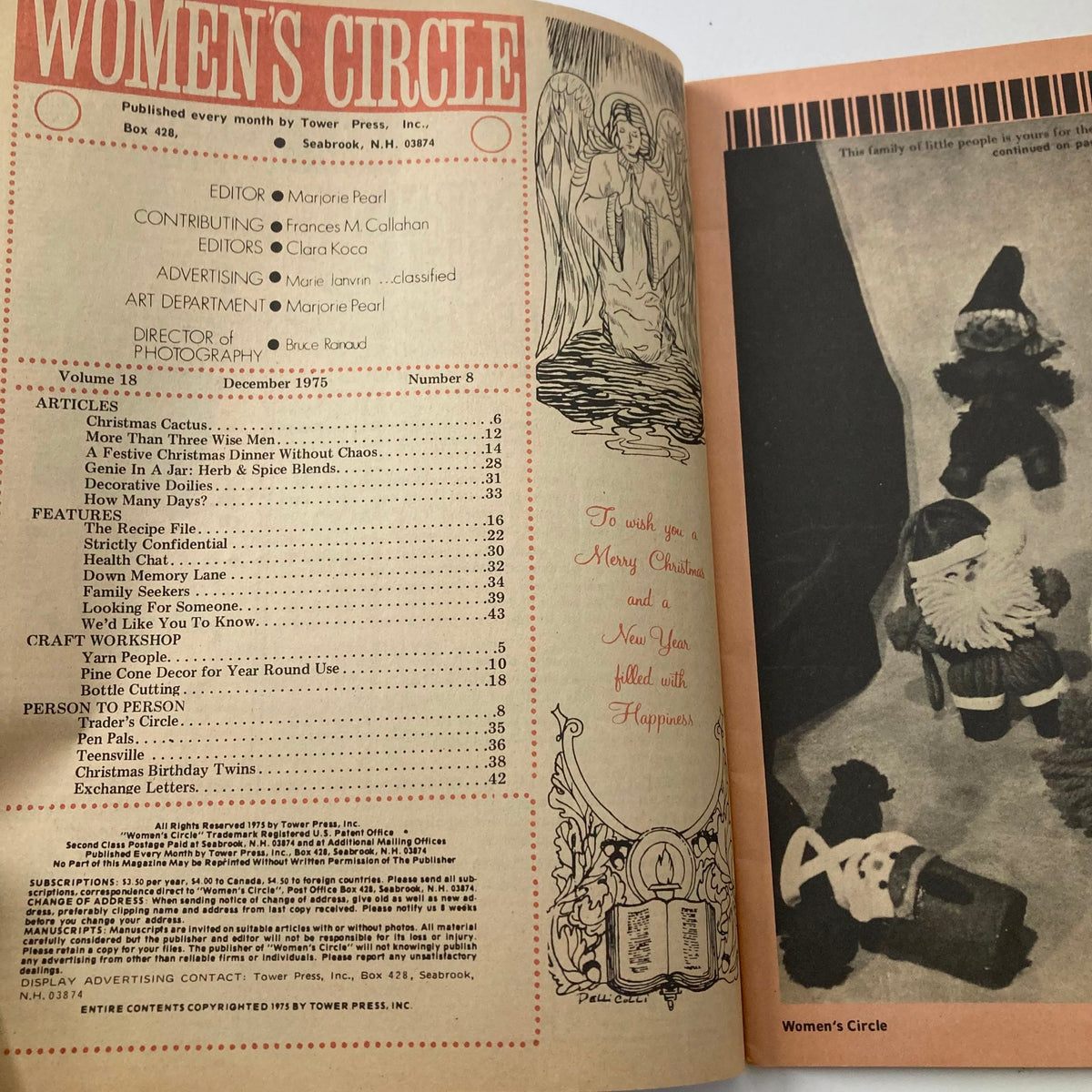 Inside page of the December 1975 Women's Circle Magazine showing the table of contents with festive illustrations and Christmas greetings.