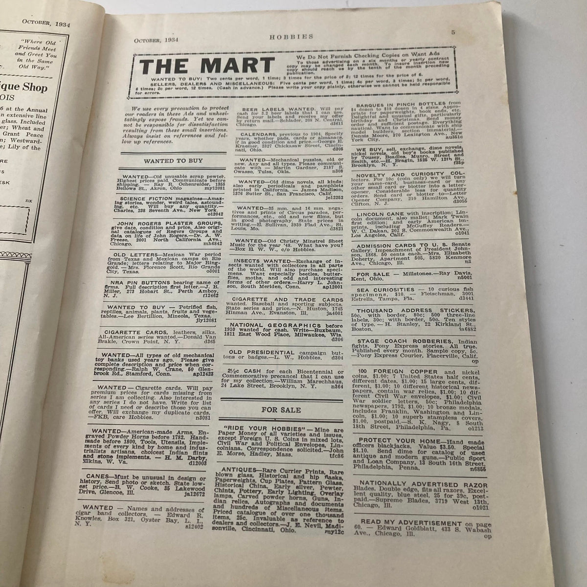 Inside page of the October 1934 issue of 'Hobbies: The Magazine for Collectors,' showcasing a section titled 'The Mart' with various advertisements related to collectibles, particularly beer labels.