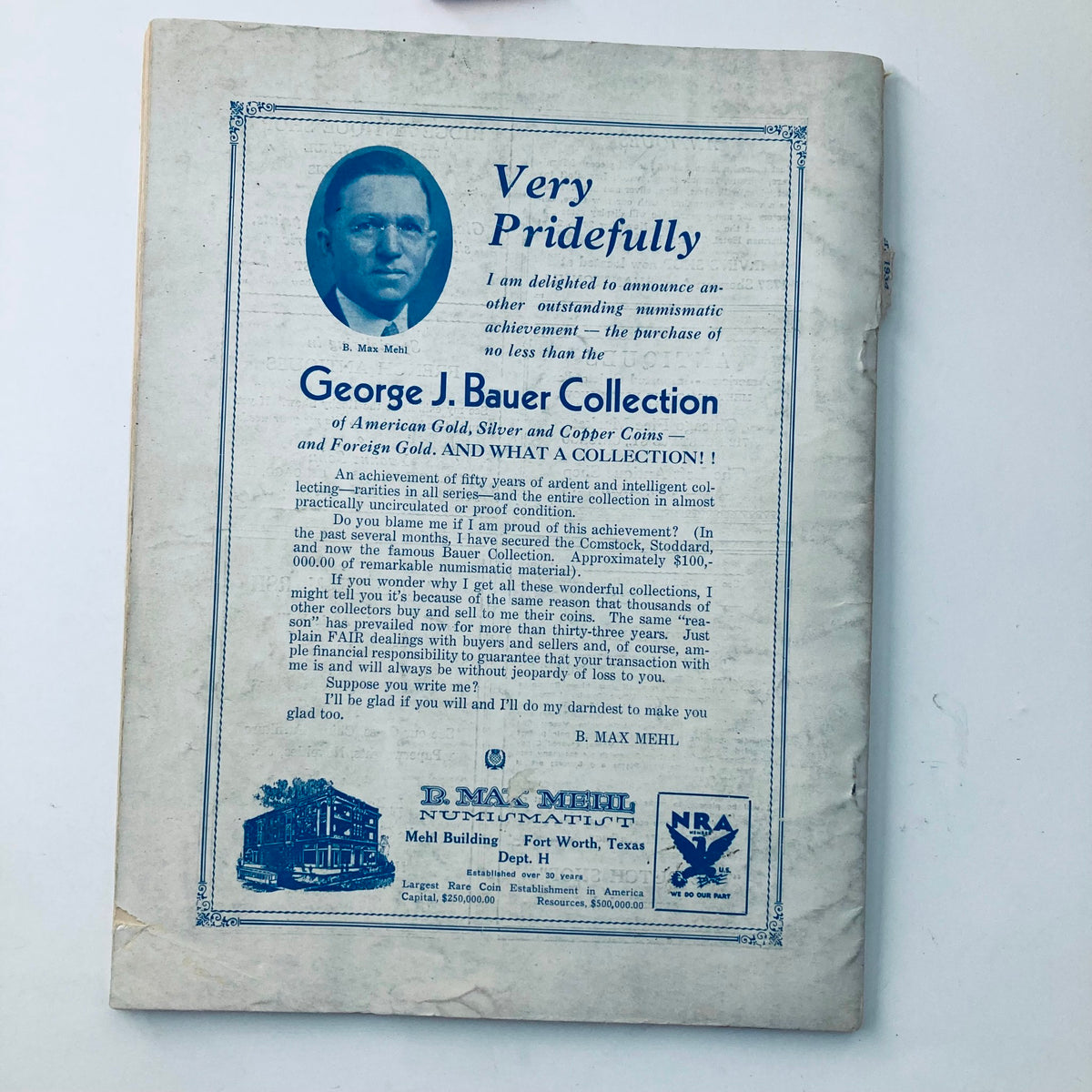 Back cover of the October 1934 edition of 'Hobbies: The Magazine for Collectors,' featuring an advertisement for the George J. Bauer Collection of coins, highlighting the world of numismatics.
