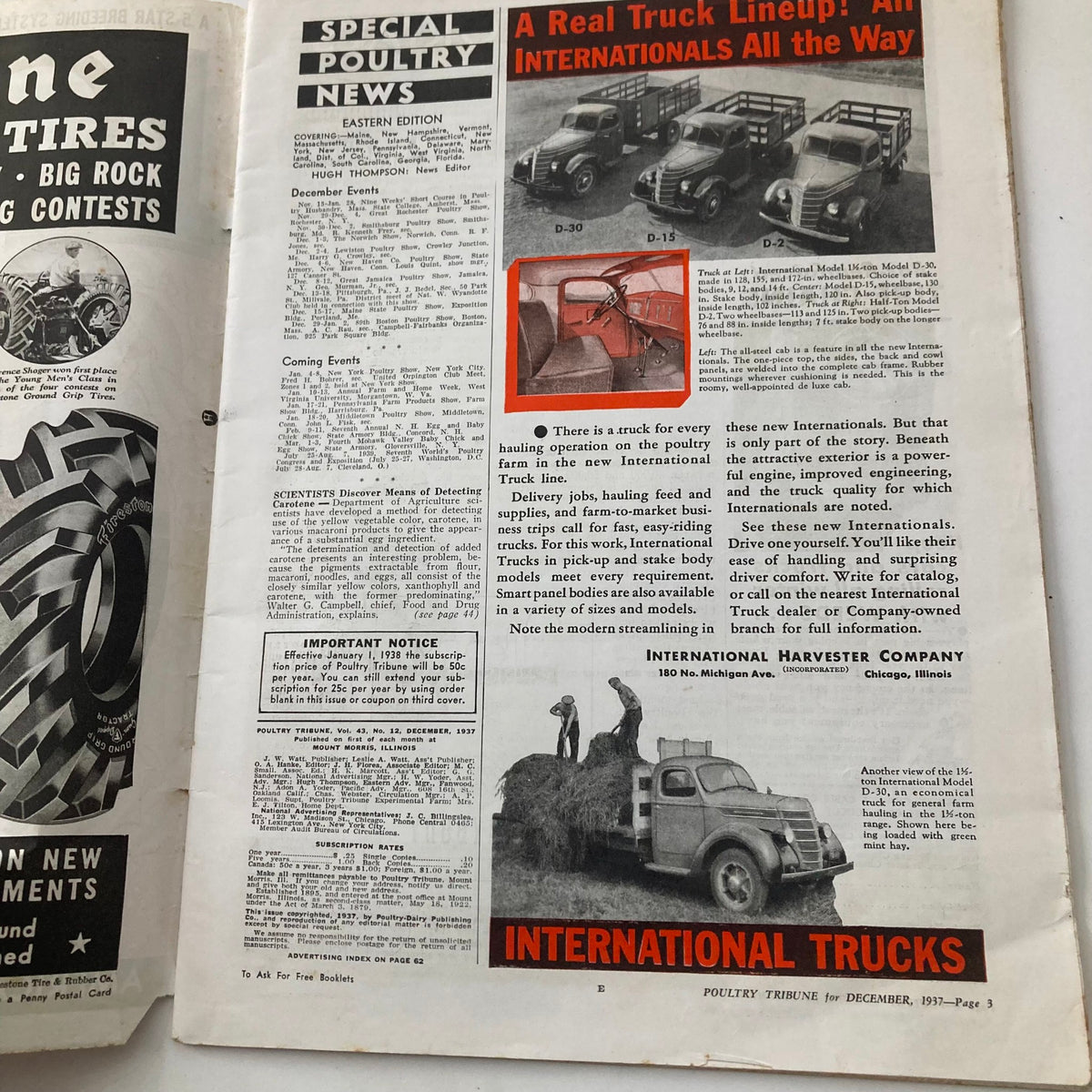 Interior page of VTG Poultry Tribune Magazine, December 1937, showcasing poultry news, advertisements, and special features related to poultry farming.