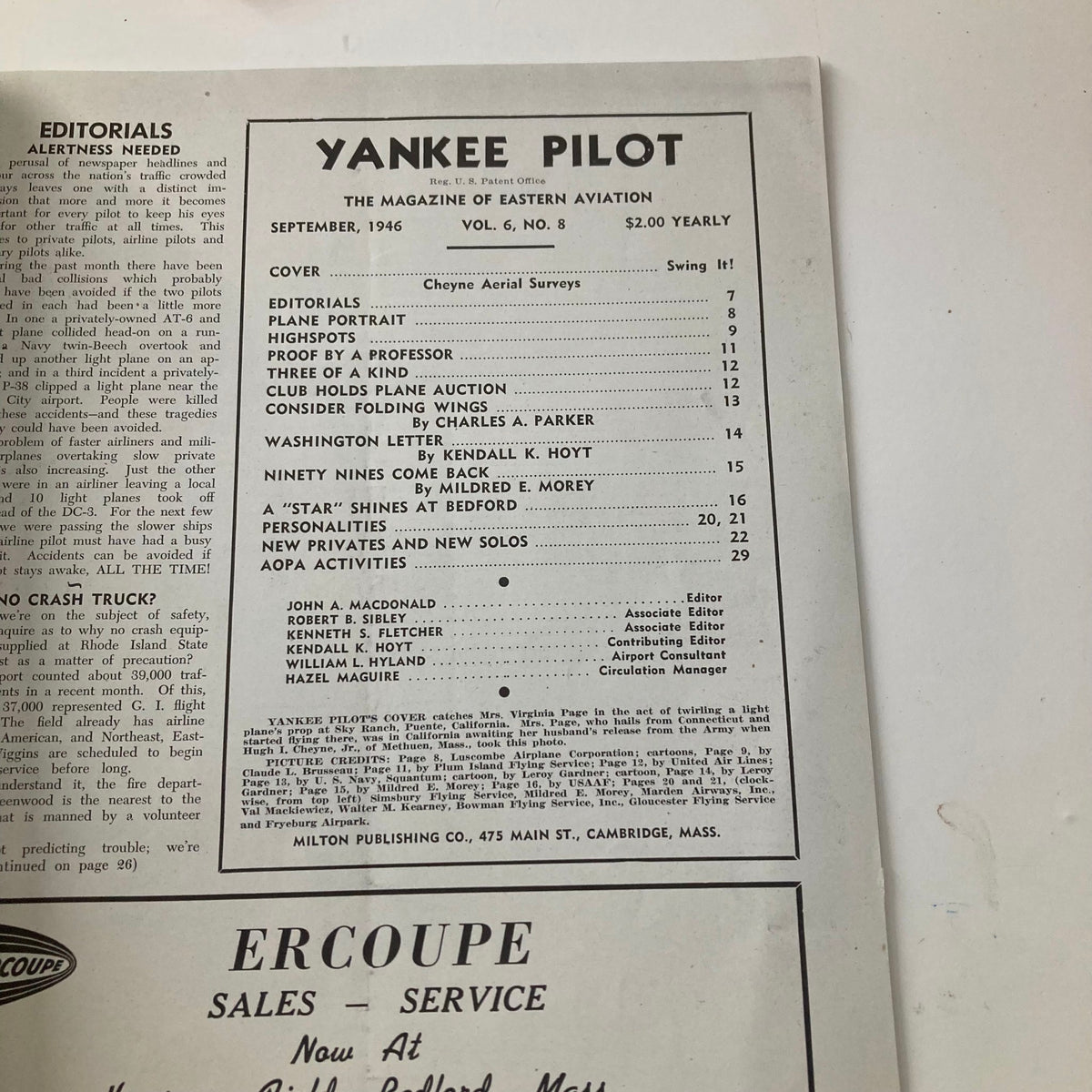 Inside page of VTG Yankee Pilot Magazine September 1946 Vol 6 No. 8 displaying the editorial section and contents. A historical aviation magazine from post-World War II.