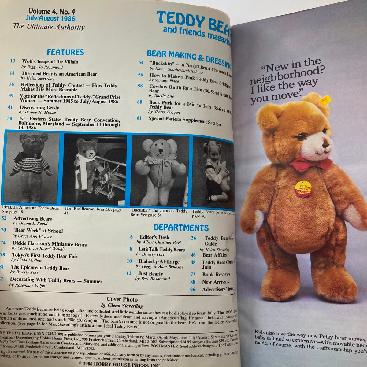 Interior page of the Vintage Teddy Bear & Friends Magazine from August 1986, showcasing features and articles relevant to teddy bear enthusiasts, including crafting projects and event mentions, alongside a bear portrait.