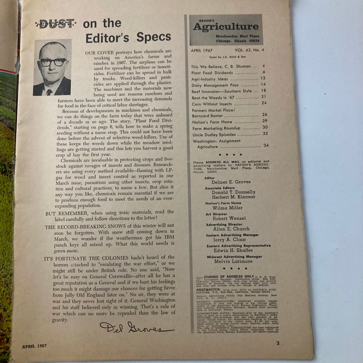 Editorial page from VTG Nation's Agriculture Magazine April 1967, featuring an article about chemicals in farming practices and the importance of addressing agricultural challenges. The page includes a photograph of a man and detailed contents for the issue.