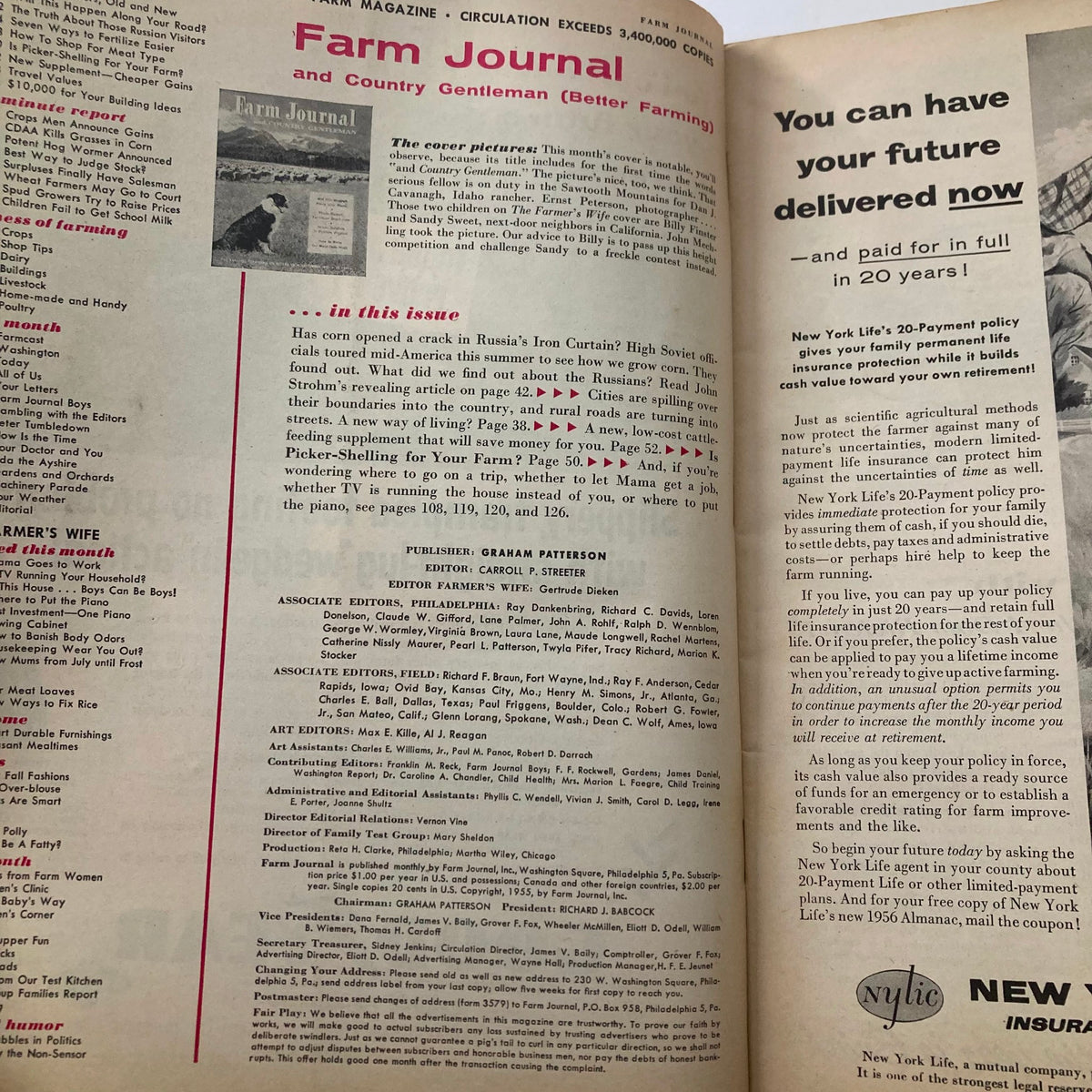 Interior page of Farm Journal & Country Gentleman Magazine from September 1955 showcasing an editorial layout with content list and features related to agriculture and farm living.
