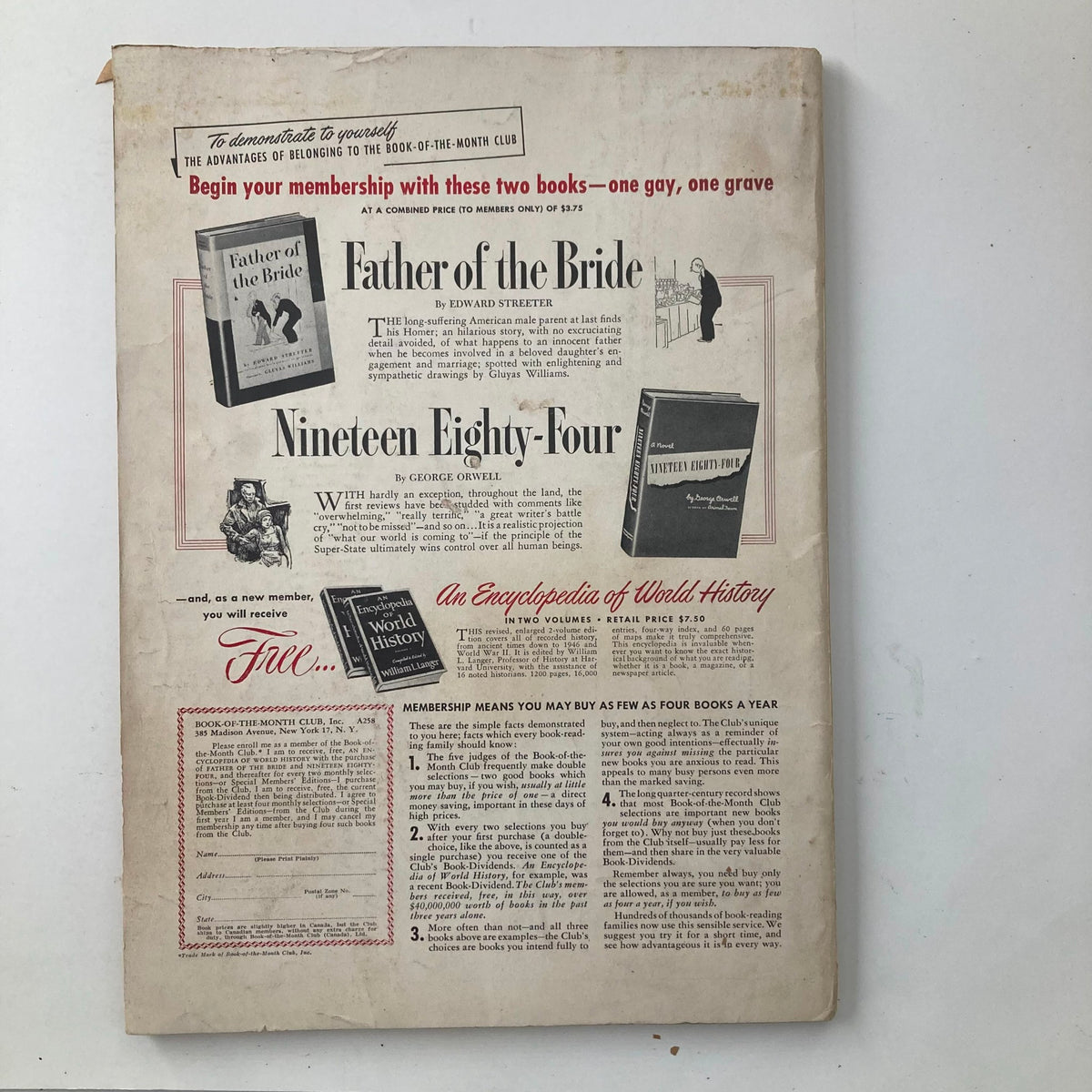 Back cover of VTG Saturday Review of Literature Magazine August 6 1949 featuring advertisements for books, including Father of the Bride and Nineteen Eighty-Four.
