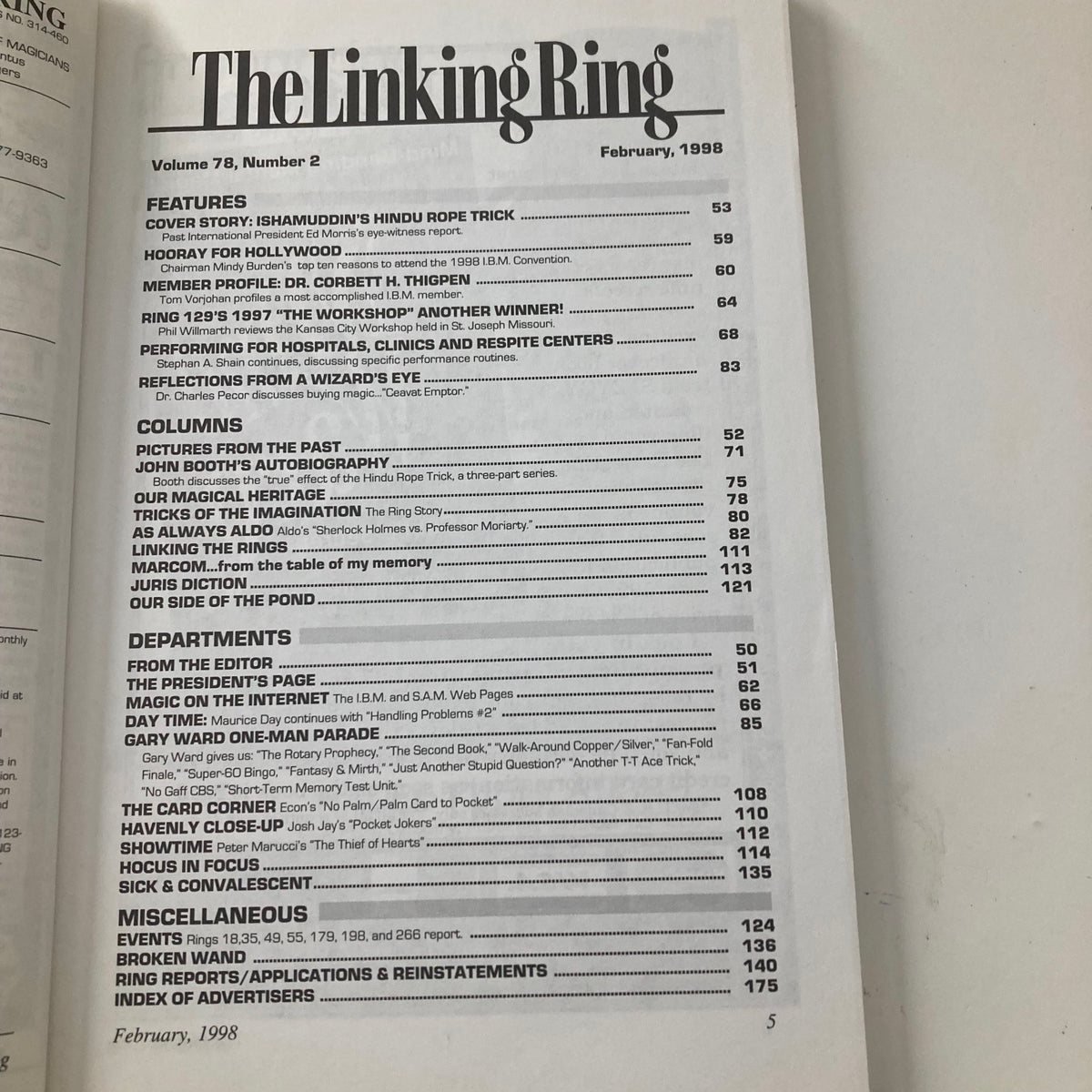 Table of contents from The Linking Ring Magazine February 1998, detailing articles and features including Ishamuddin's Hindu Rope Trick.