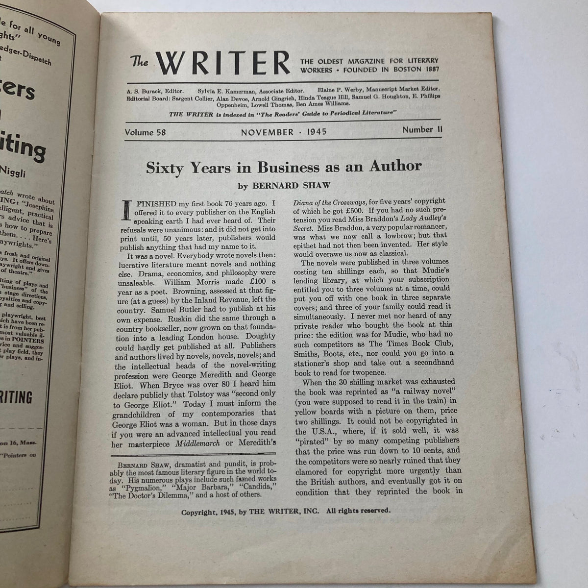 Inside page of VTG The Writer Magazine November 1945 showcasing the article 'Sixty Years in Business as an Author' by Bernard Shaw.
