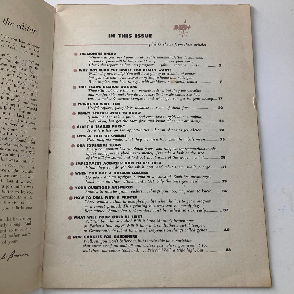 Table of contents from the VTG Changing Times Magazine April 1955, featuring articles on various topics including appliances, gardening, and finance, highlighting insights on buying a vacuum cleaner.