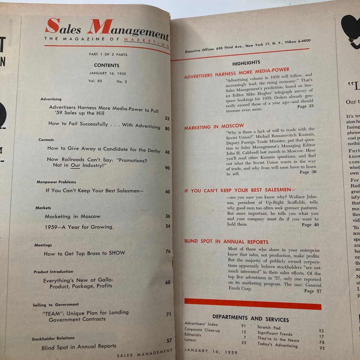 Sales Management Magazine January 16 1959 table of contents page, detailing articles including 'Marketing in Moscow' and various advertising strategies.