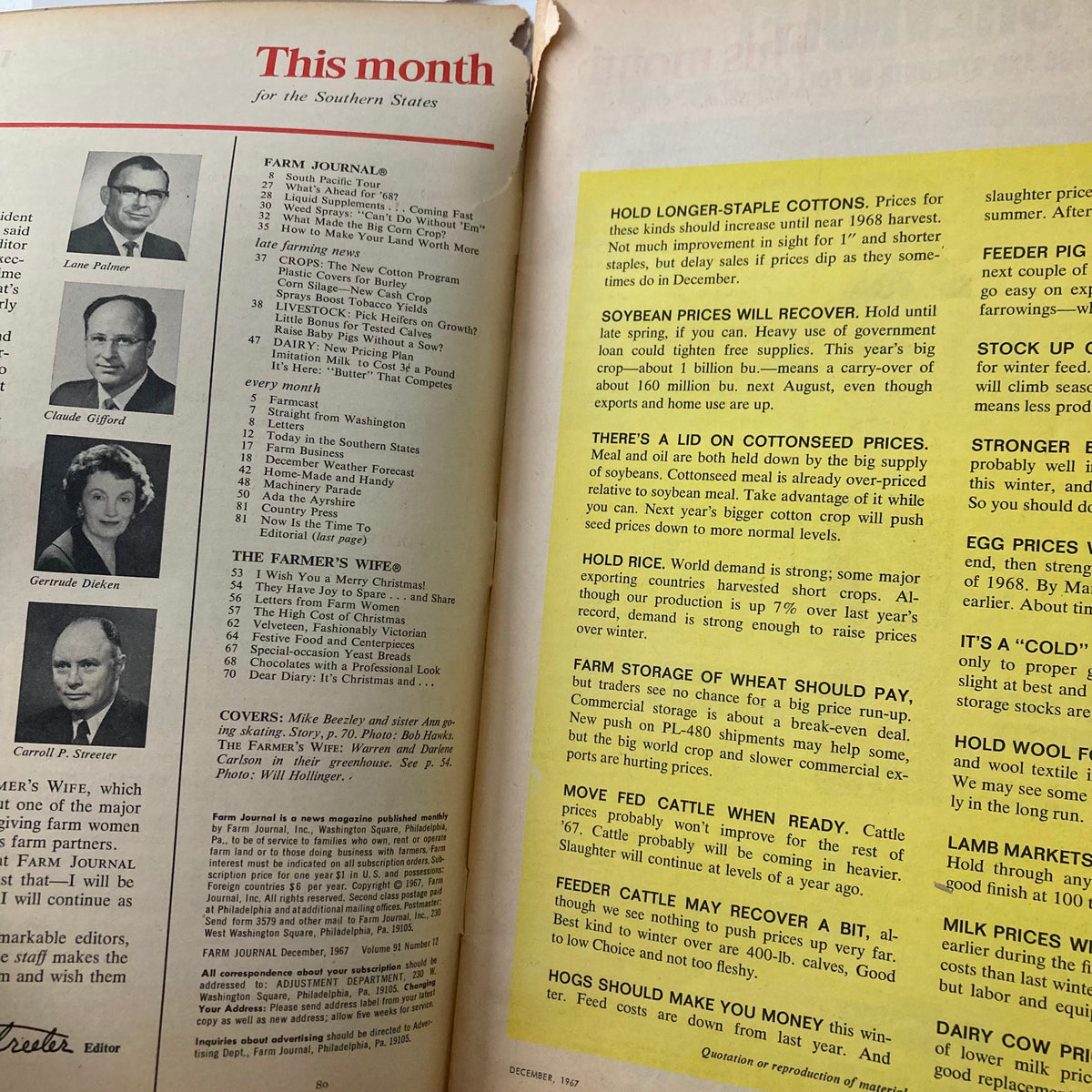 Interior pages of the VTG Farm Journal Magazine December 1967, showcasing articles related to agricultural insights, seasonal farming advice, and rural traditions themed around 'Christmas in the Country'.