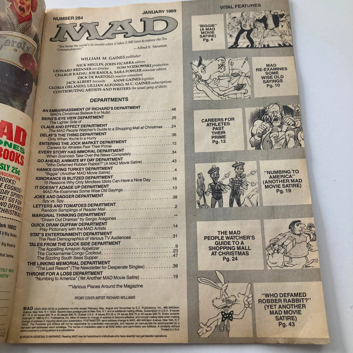 Interior page of Mad Magazine January 1989 No. 284 displaying the table of contents with various humor sections and features indicative of the magazine's style.