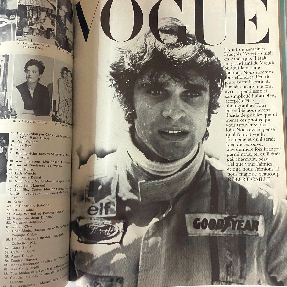 Page from Vogue Paris Magazine November 1973 featuring a tribute to François Cevert, showcasing a black and white photograph of a male figure with a racing background, highlighting the magazine's focus on influential personalities.