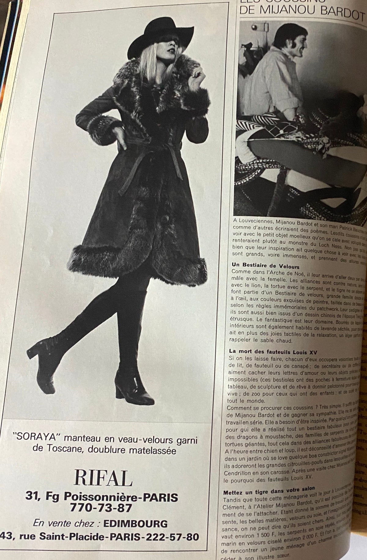 Fashion advertisement from Vogue Paris Magazine November 1973 featuring a model in a stylish fur coat and wide-brimmed hat, exemplifying the bold styles of the 1970s fashion era.