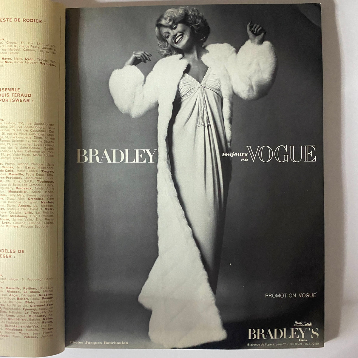 Vogue Paris Magazine October 1973 featuring a stylish vintage advertisement for Bradley's with a model wearing luxurious attire.