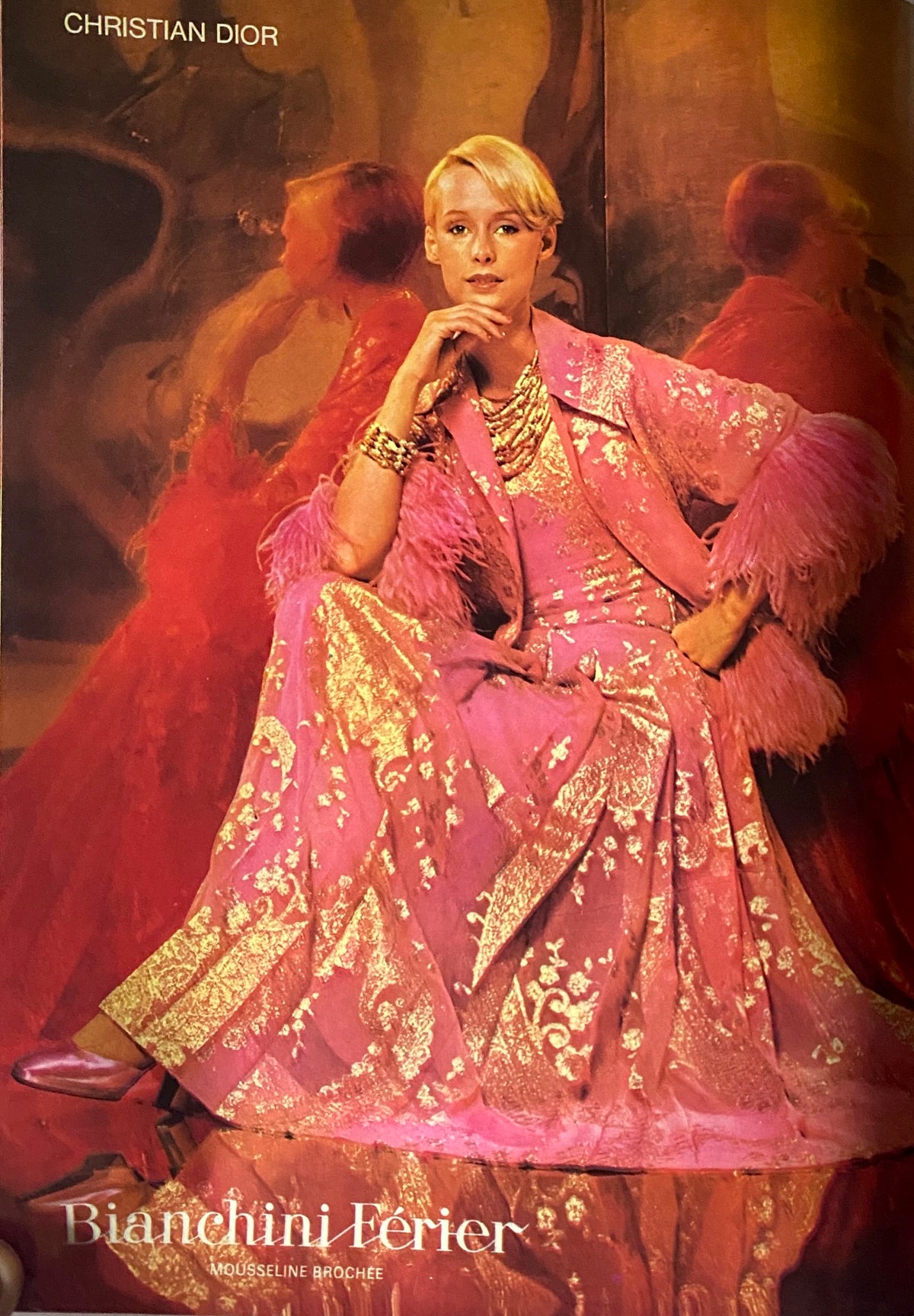A fashion illustration from Vogue Paris Magazine September 1973 showcasing a stunning pink Christian Dior outfit with intricate details.