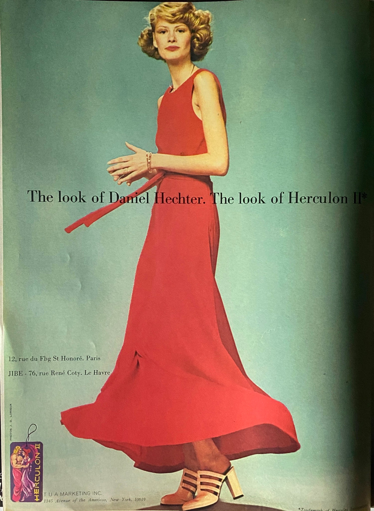 Fashion advertisement from Vogue Paris Magazine August 1973 showcasing a model in a red dress by Daniel Hechter, representing iconic 1970s fashion trends.