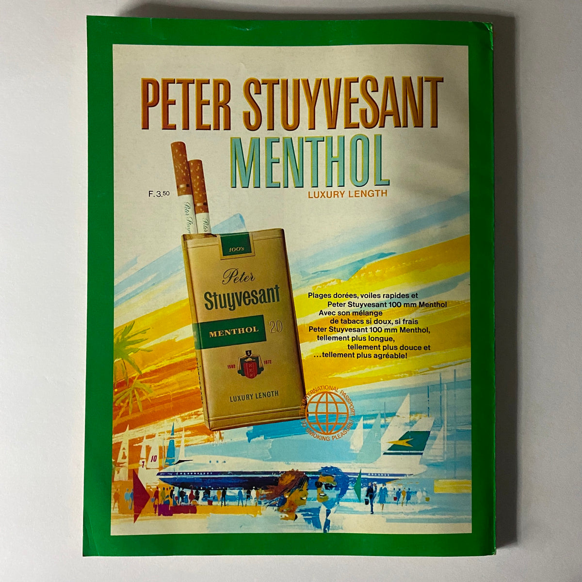 Vintage advertisement for Peter Stuyvesant Menthol cigarettes, showcasing a colorful design with an illustration of the cigarette pack and a scenic background, relevant to the Vogue Paris Magazine August 1973 Beska Sorensen cover.