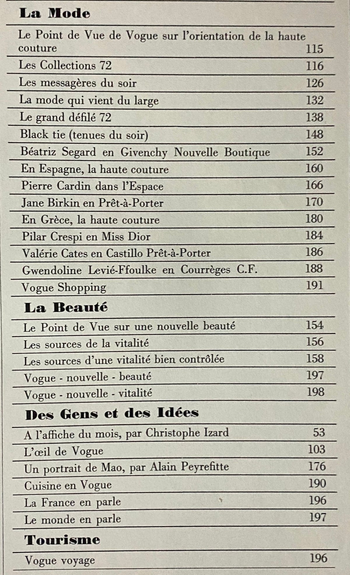 Table of contents page from Vogue Paris Magazine March 1972 listing fashion, beauty, and cultural articles, including insights on haute couture.