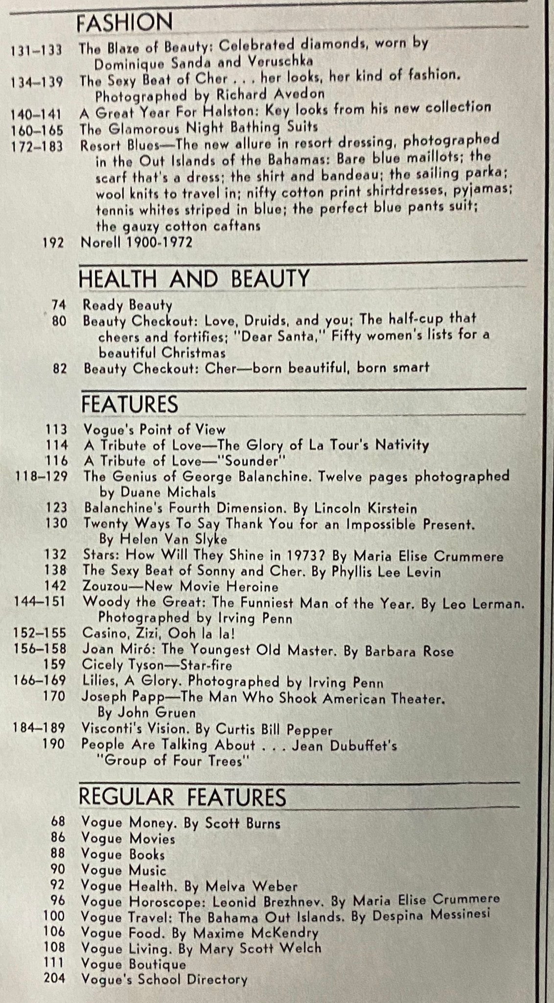 Table of contents from Vogue Magazine December 1972 detailing articles and features, emphasizing its cultural significance.