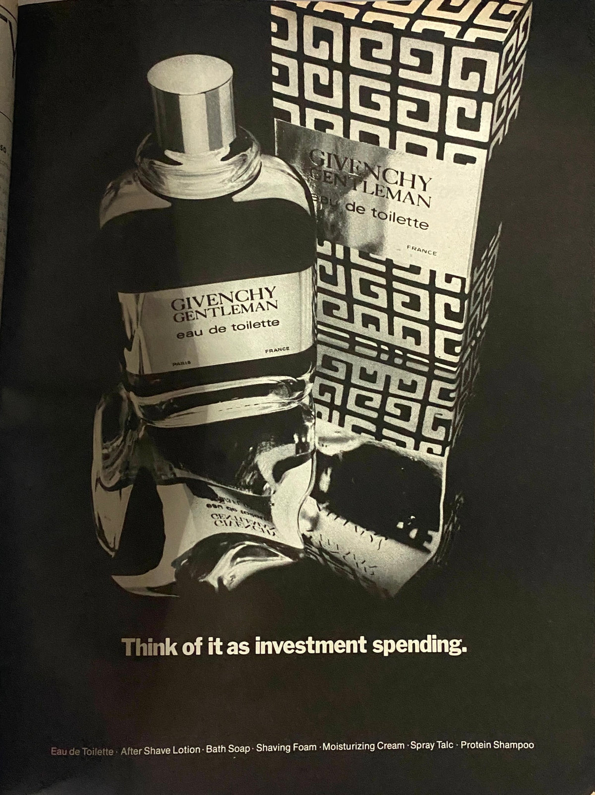 Vogue Magazine December 1972 Cher Cover showcasing Givenchy Gentleman eau de toilette bottle elegantly presented with its packaging, representing luxury fragrance.