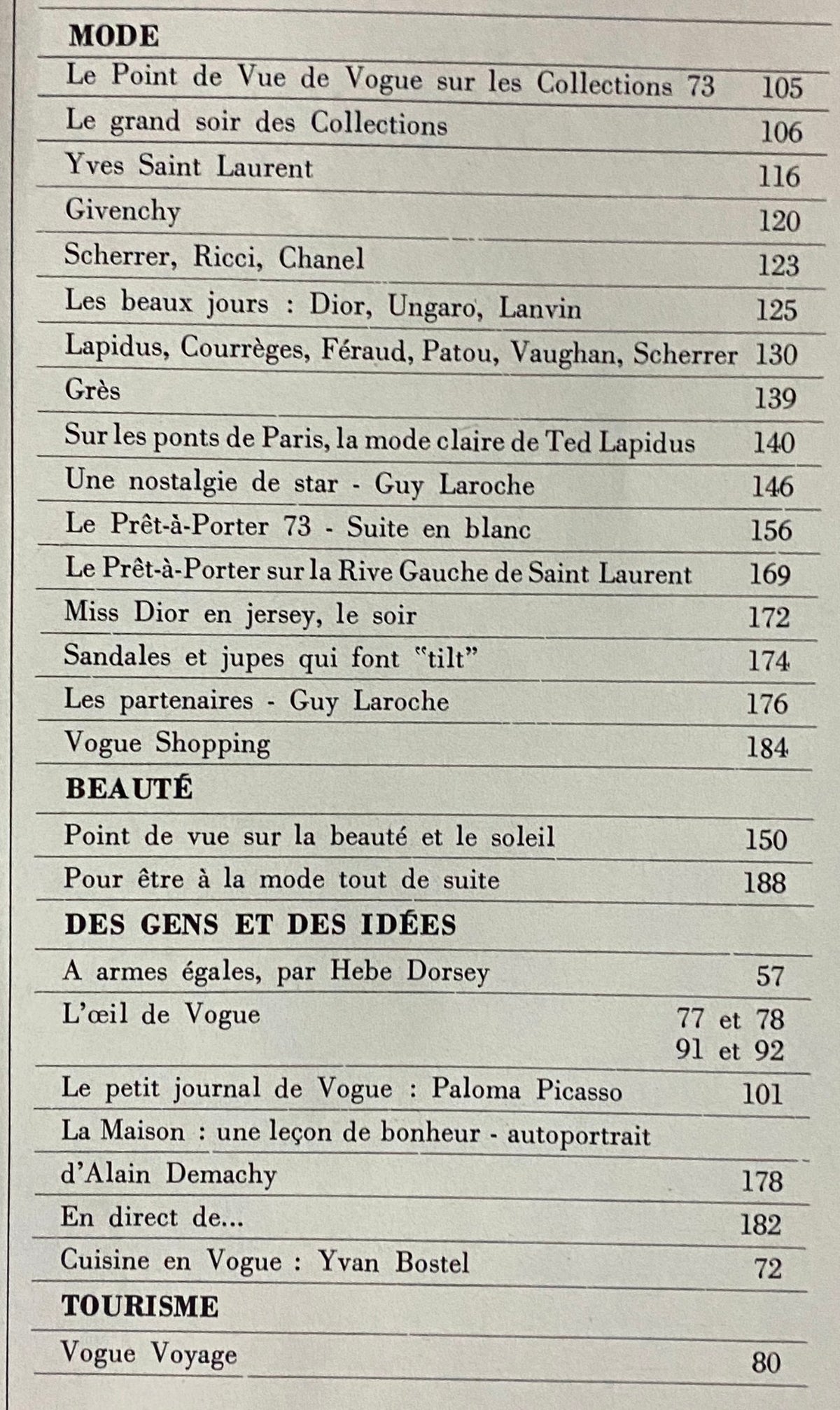 Table of contents page from Vogue Paris Magazine March 1973 showcasing featured fashion articles and designers.