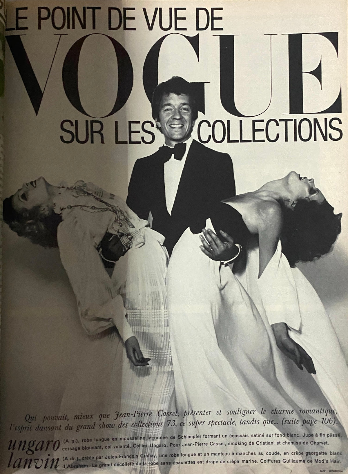 Iconic fashion spread from Vogue Paris Magazine March 1973 highlighting Jean-Pierre Cassel with elegant models.