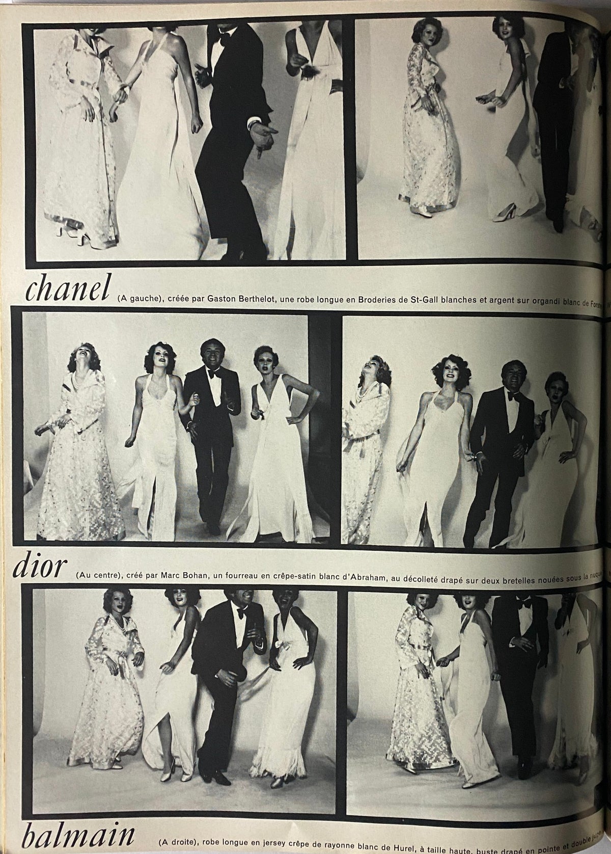 Black and white fashion editorial photo from Vogue Paris Magazine March 1973 featuring designs from Chanel, Dior, and Balmain.