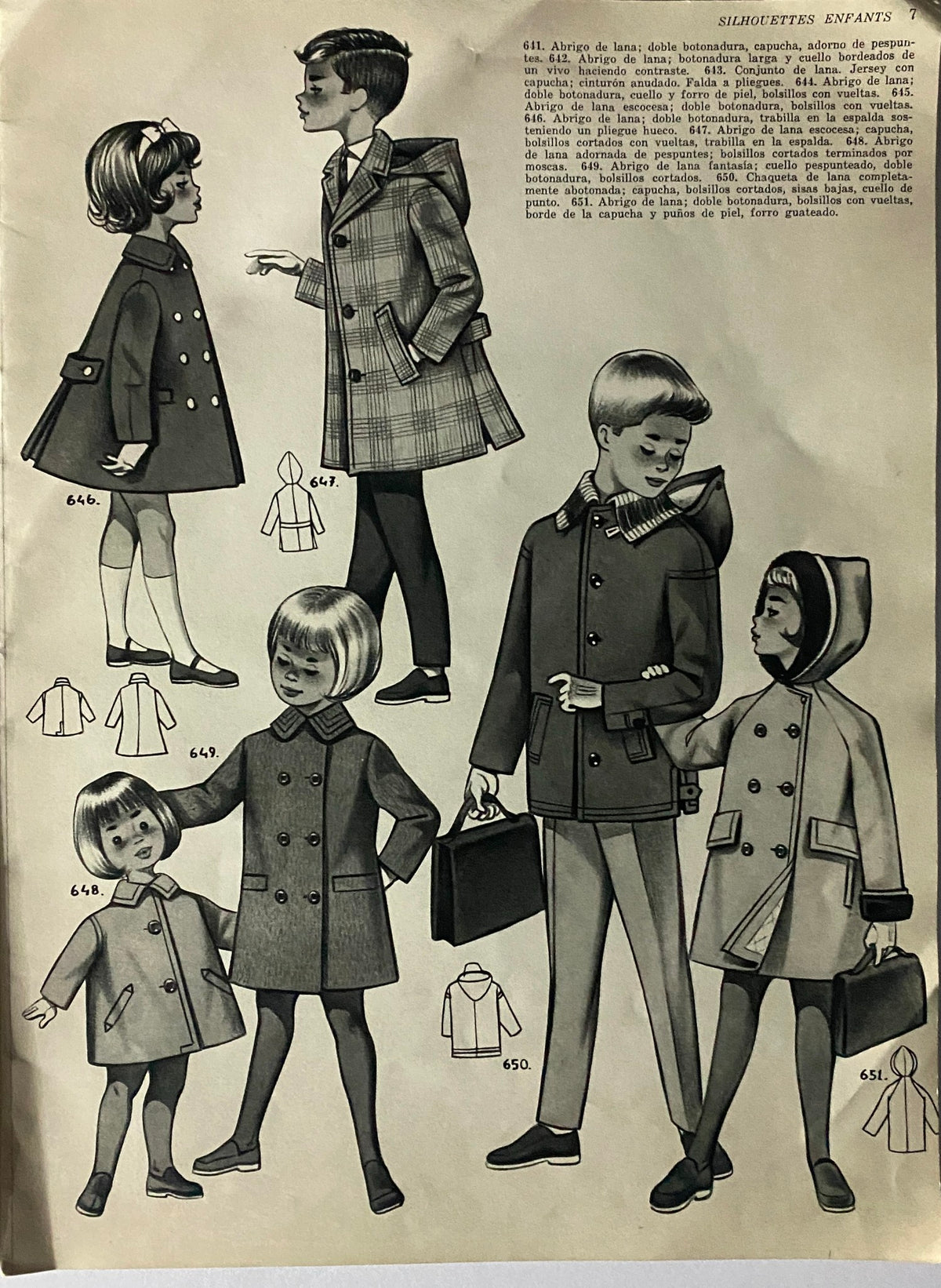 Illustration from Les Enfants No. 62 Hiver 1962 - 1963 Catalog featuring models in children's fashionable coats and outfits, representing 1960s style.