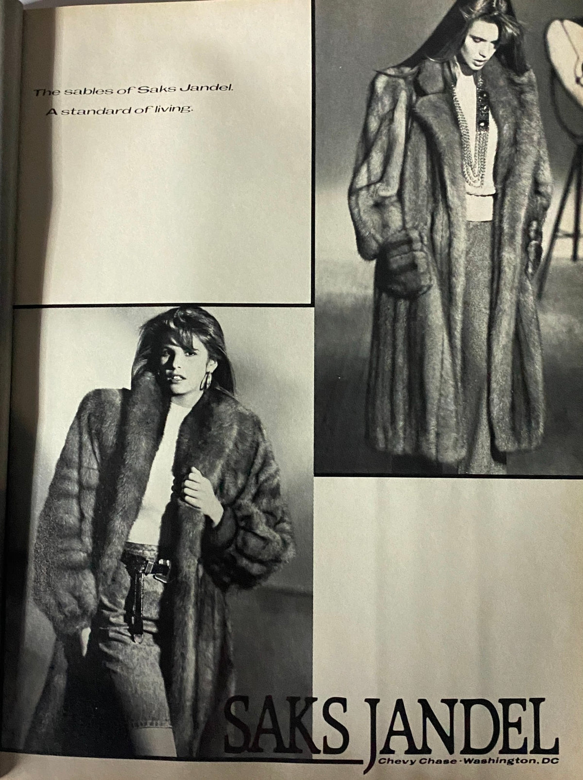 Saks Jandel advertisement featuring models in elegant fur coats, highlighting 1980s fashion trends from Vogue Magazine October 1986 issue with Cindy Crawford.