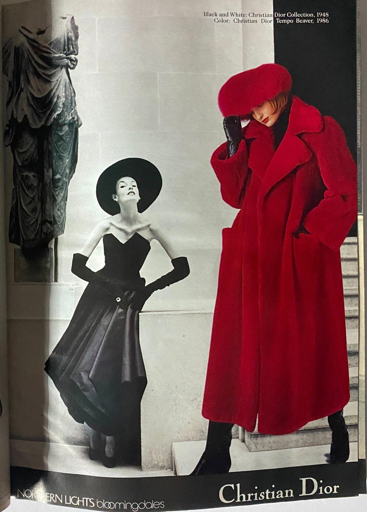 Christian Dior advertisement displaying vintage couture, featuring a red coat and black dress, emphasizing high fashion from Vogue Magazine October 1986 issue with Cindy Crawford.