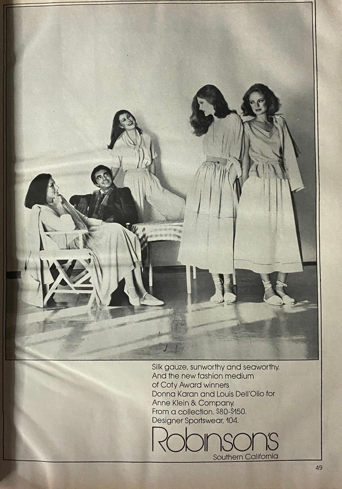 Vintage fashion advertisement featuring models in elegant dresses from Vogue Magazine December 1977, highlighting designer styles of the late 1970s.