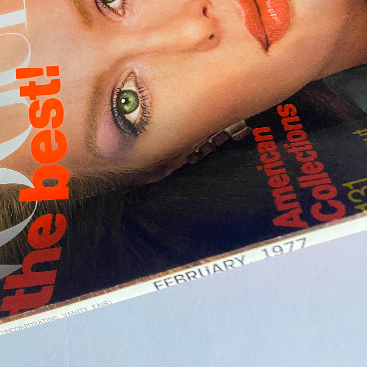Close-up of the Vogue Magazine February 1977 cover with Patti Hansen, emphasizing her captivating features and the magazine's bold title. An iconic piece of fashion history reflecting the trends and styles of the late 1970s.
