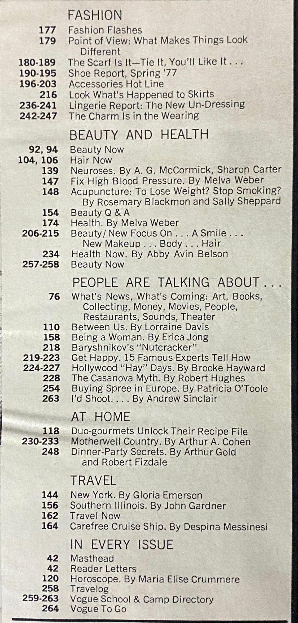 Contents page of the Vogue Magazine March 1977 detailing featured articles on fashion, beauty, and health.