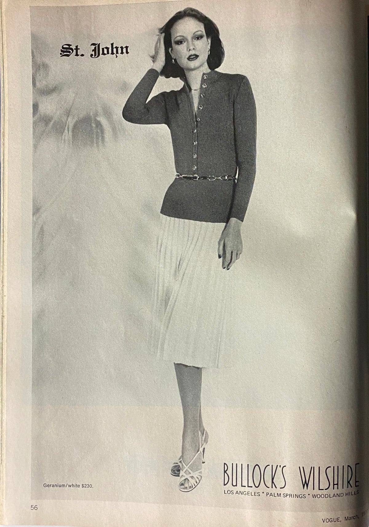 Fashion advertisement in Vogue Magazine March 1977 displaying a model in stylish attire against a minimalist background.