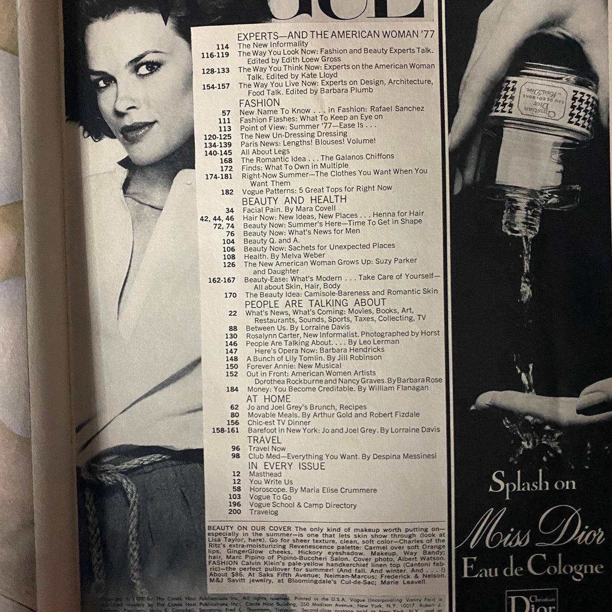 An interior page of Vogue Magazine June 1977, listing various articles including fashion, beauty, health, and lifestyle topics, reflecting the trends of the late 70s.