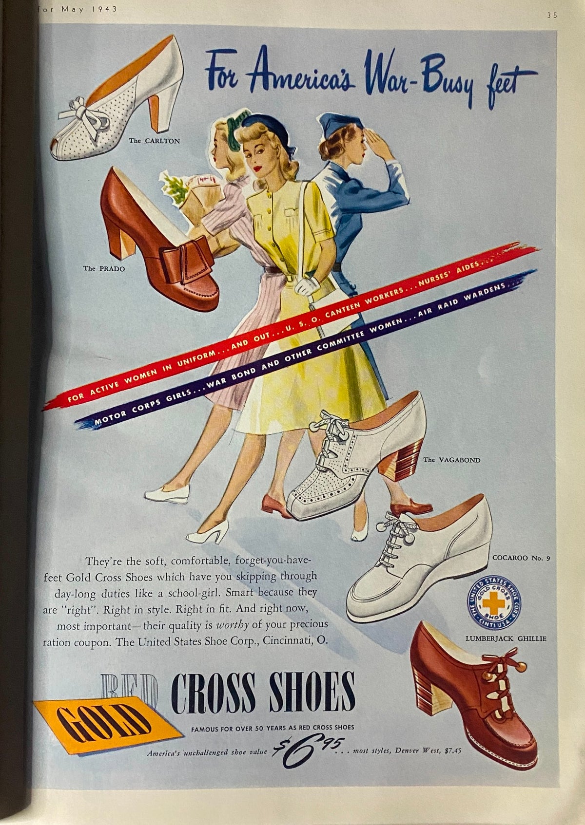 Vintage advertisement for Gold Cross Shoes in Mademoiselle Magazine May 1943, promoting stylish footwear for women working during World War II.